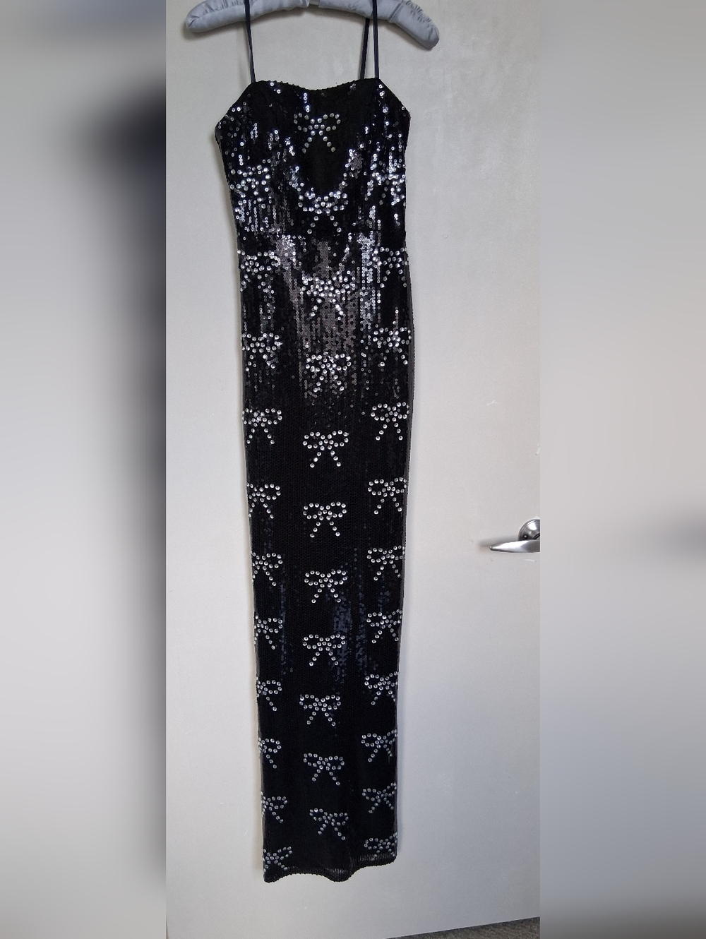 Black Sequin Maxi Skirt with Silver Bow Accents